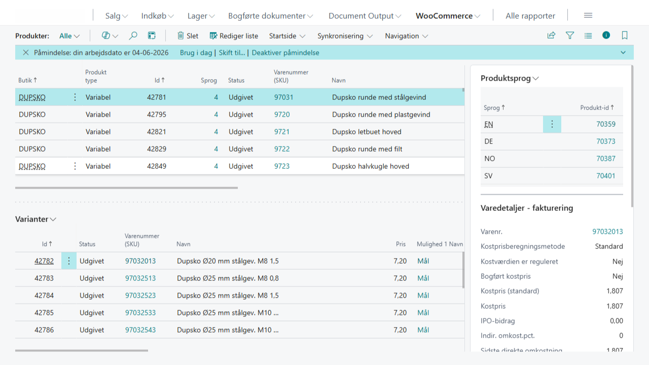 WooCommerce produktliste med variationer i Business Central