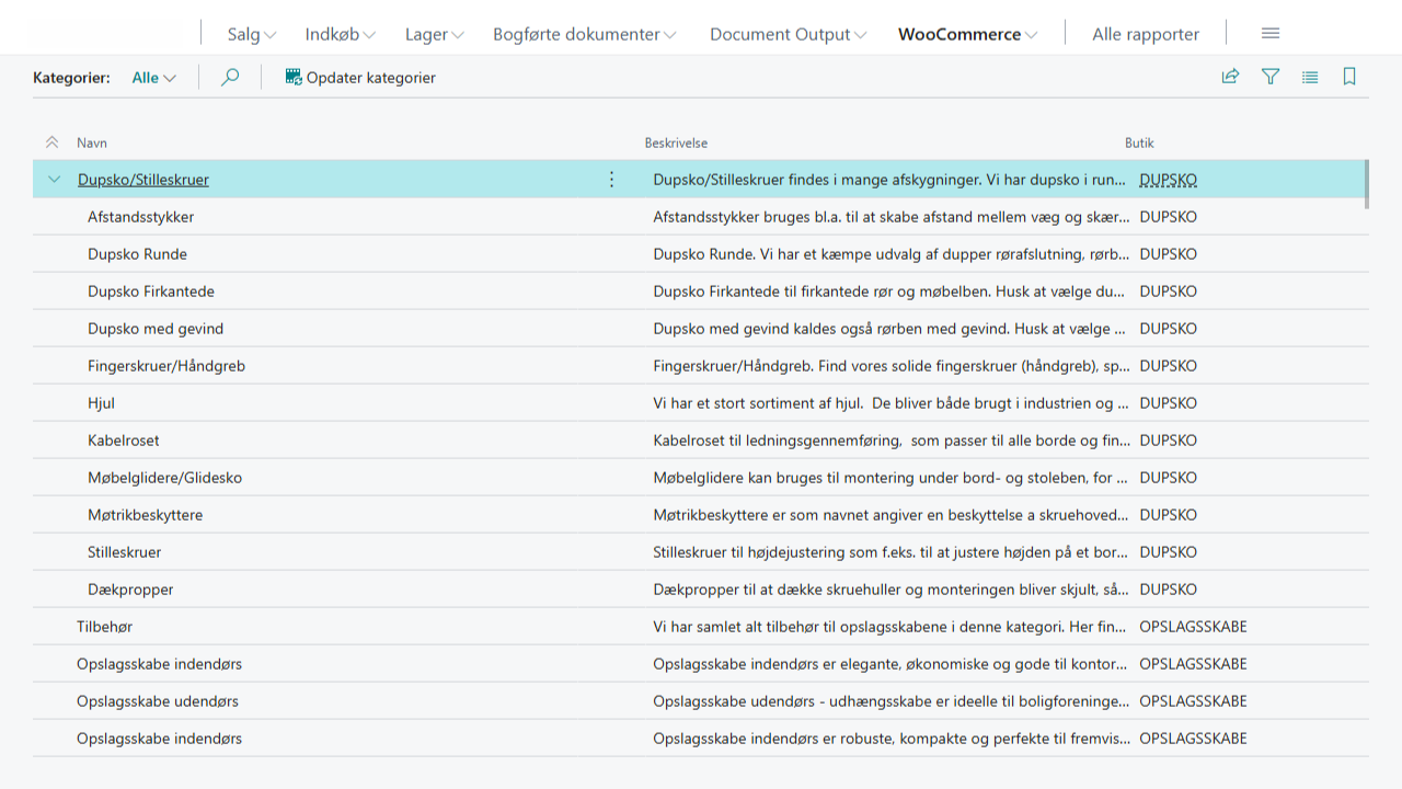 Hierarkisk kategoristruktur fra WooCommerce i Business Central