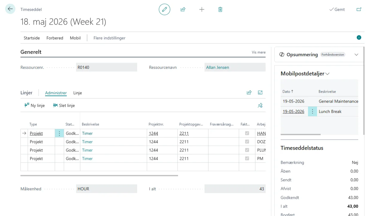Timesheet-data synkroniseret fra mobilappen