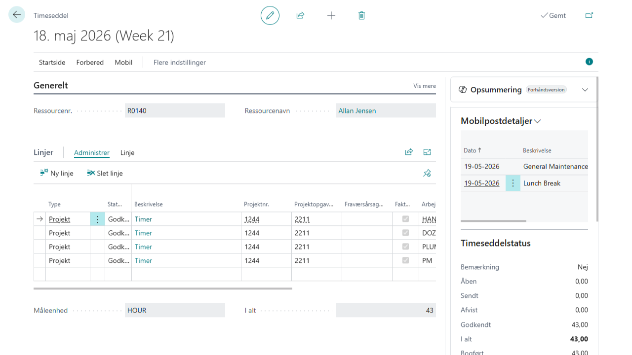 Timesheet-data synkroniseret fra mobilappen